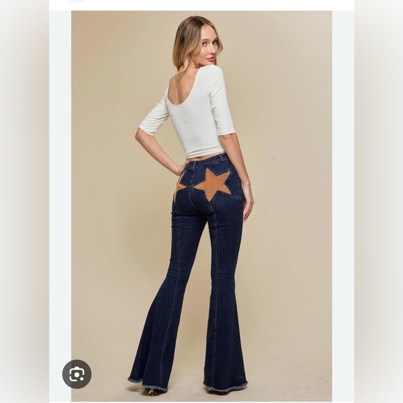 SAINTS AND HEARTS BELL BOTTOM JEANS WITH RAW HEM Y2K 90S STYLE BOHO COWGIRL - Picture 2 of 15